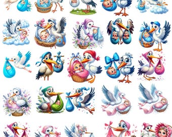 Baby Stork PNG Bundle, Newborn Baby Clipart, Cute Stork Delivery PNG, Baby Shower Sublimation Design, Welcome Baby Graphics Instant Download