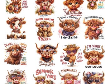 Funny Highland Cow Clipart Bundle, Cute Cow Quotes Clipart, Sassy Farm Animal PNG Cow Lover Gift PNG, Highland Sublimation png