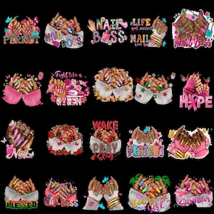 May include: A collection of colorful nail art designs on a black background. The designs feature various nail styles, including long, decorated nails with text like "Nail Boss", "Period", and "Blessed". The images include butterflies and floral accents.