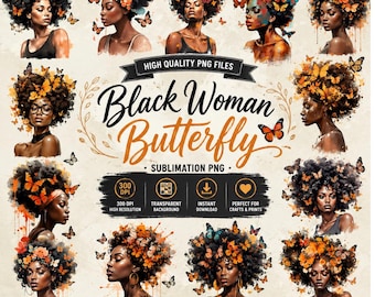 Black Woman Butterfly PNG | Melanin Queen Sublimation Design | Afro Woman Digital Download | Black Girl Magic PNG | Printable Clipart