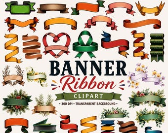 Banner Ribbon Clipart Bundle, Vintage Ribbon PNG Collection, Decorative Banner Elements, Floral Ribbon Frames, Scrapbook Clipart