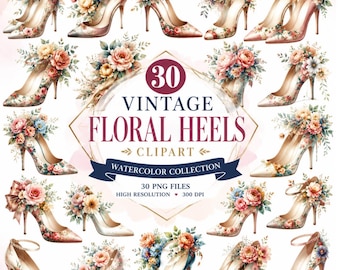 Vintage Floral Heels PNG | Elegant Flower Stiletto Clipart | Fashion Sublimation Design | Girly Aesthetic Digital Download