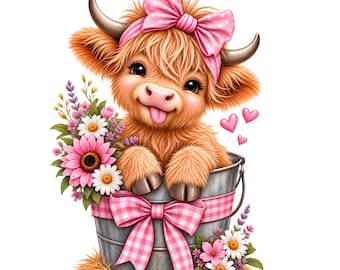 Floral Highland Cow PNG, Watercolor Farm Animal Clipart, Rustic Cottagecore Design (Instant Download)