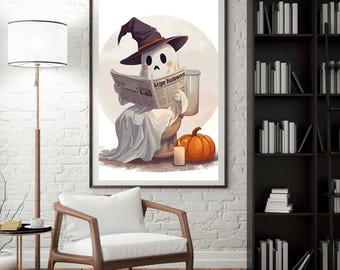 Grappige spook op het toilet Halloween-print: griezelige badkamerkunst (digitale download)