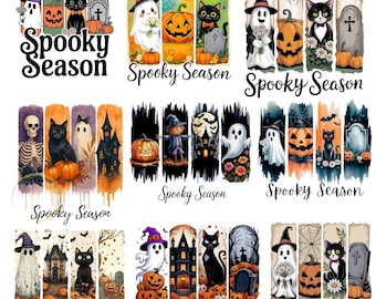 Vintage Halloween Bookmark PNG Bundle, Ghost Pumpkin Black Cat Clipart (Digital Download)