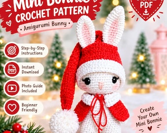 Mini Bonnie haakpatroon, konijn amigurumi PDF, haakpatroon voor een konijn, kerstkonijn, schattige gehaakte pop, direct te downloaden