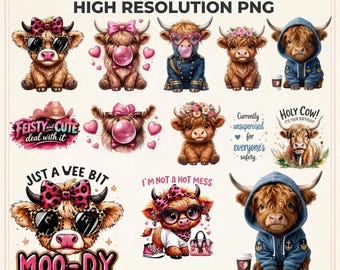 Highland Cow Clipart Bundle | 10 PNG Files Digital Download