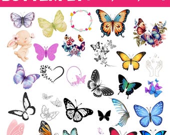 Watercolor PNG Bundle, Y2K Butterfly Clipart, Coquette Pink, Denim Butterflies, 30 Patterns