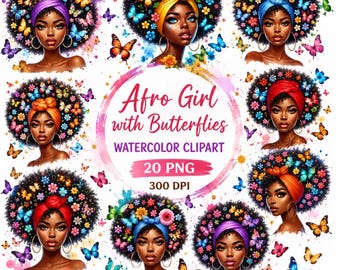 Afro Girl Butterfly Watercolor Clipart | Melanin Woman PNG Bundle (Digital Download)