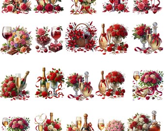 Bloemenwijnglas PNG Aquarel Clipart (Digitale download)