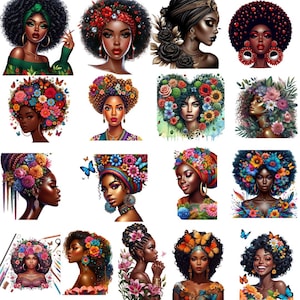 Peut inclure: Une collection d'illustrations numériques représentant des femmes noires avec des coiffures élaborées ornées de fleurs, de papillons et de bandeaux. Les portraits présentent diverses expressions et styles, avec des couleurs vives et des œuvres d'art détaillées.