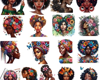 Floral Afro Woman PNG: Radiant Black Girl Clipart (Digital Download