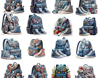Denim Backpack PNG Bundle, School Backpack Clipart, Sneakers PNG Collection, Fashion Accessories Sublimation, Digital Download