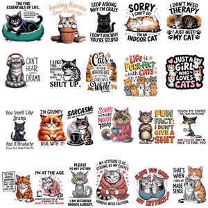 Puede incluir: Una colección de pegatinas con temática de gatos con varios diseños y frases. Las pegatinas presentan ilustraciones de gatos en diferentes poses, con textos como "Estoy gruñón" y "No necesito terapia". La paleta de colores incluye negro, naranja y gris.