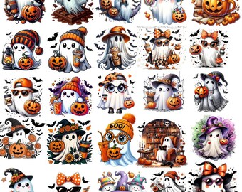 Cozy Ghost PNG Bundle, Halloween Clipart, Spooky Season Coffee Lover Design (Digital Download)