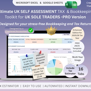 UK Self Assessment Tax Return 2025/26 PRO | Multi-Year HMRC Spreadsheet | Sole Trader Bookkeeping + Tax Estimator | Excel & Google Sheets