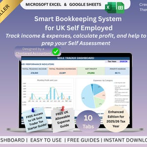 UK Sole Trader Self-Assessment Bookkeeping Template: HMRC Profit and Loss Income + Expense Tracker for Small Business |Excel & Google Sheets