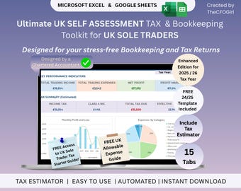 UK Self Assessment Tax Return 2025/26|UK Sole Trader Bookkeeping+Tax Estimator+Income and Expense Tracker+HMRC Toolkit|Excel & Google Sheets
