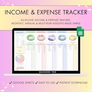 Könnte beinhalten: Ein Laptop-Bildschirm zeigt eine Einnahmen- und Ausgaben-Tracker-Tabelle. Der Text "INCOME & EXPENSE TRACKER" steht oben. Die Tabelle enthält Abschnitte für Einnahmen, Ausgaben, Rechnungen, Schulden und Ersparnisse. Der Bildschirm liest unten "GOOGLE SHEETS ✓ EINFACH ZU BEDIENEN ✓ SOFORTIGER DOWNLOAD".