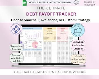 May include: A laptop screen displays a debt payoff tracker spreadsheet. The text on the screen includes "DEBT PAYOFF TRACKER", "Choose Snowball, Avalanche, or Custom Strategy", and "Track All Your Debts in 1 Tab". The design includes multiple currency symbols and is labeled "Beginner Friendly".