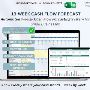 May include: A laptop and tablet showing a 13-week cash flow forecast. The screens display financial data and charts. Text includes "Automated Weekly Cash Flow Forcasting System for Small Businesses", "Instant Download" and "Free Life Time Updates".