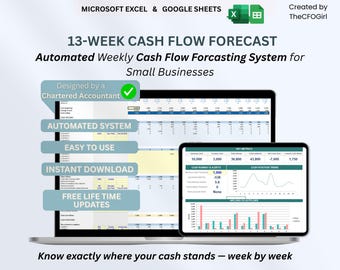 13 Week Cash Flow Forecast Template | Excel Google Sheets | Weekly Cash Flow Tracker | Small Business Budget Financial Model