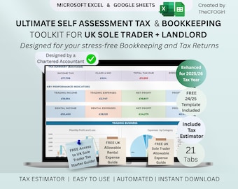 UK Self Assessment 2025/26 Sole Trader AND Landlord Tax Spreadsheet HMRC Bookkeeping Google Sheets Excel Rental Property Self Employed