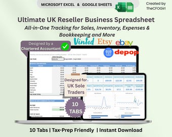 Reseller Spreadsheet UK |Inventory Tracker Profit & Loss | eBay Vinted Depop | Sole Trader | Self Assessment Bookkeeping|Google Sheets Excel