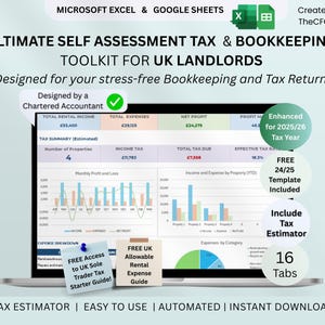 Britse belastingaangifte verhuurder 25/26 Excel Google-blad Inkomsten onkosten huur onroerend goed bijhouden Zelfbeoordeling HMRC-spreadsheet Boekhoudingsjabloon