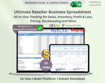 Reseller Spreadsheet Inventory Tracker Profit & Loss Spreadsheet Template eBay Poshmark Mercari Online Business Tool Google Sheets Excel USD