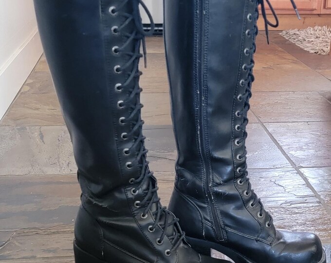 Black Lace Up Knee High Boots With Heel