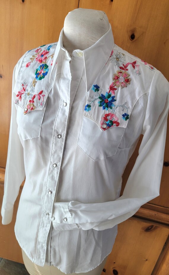 Chemise Western Rockmount Vintage Années 80 - Blanc Brodé Taille L