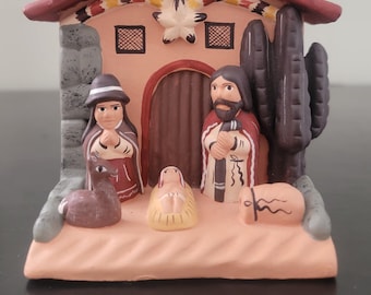 Peruvian Pottery Nativity Display/ Hand Painted Clay Figures/ Baby Jesus/ Mary and Joseph/ Baby Alpaca Cactus
