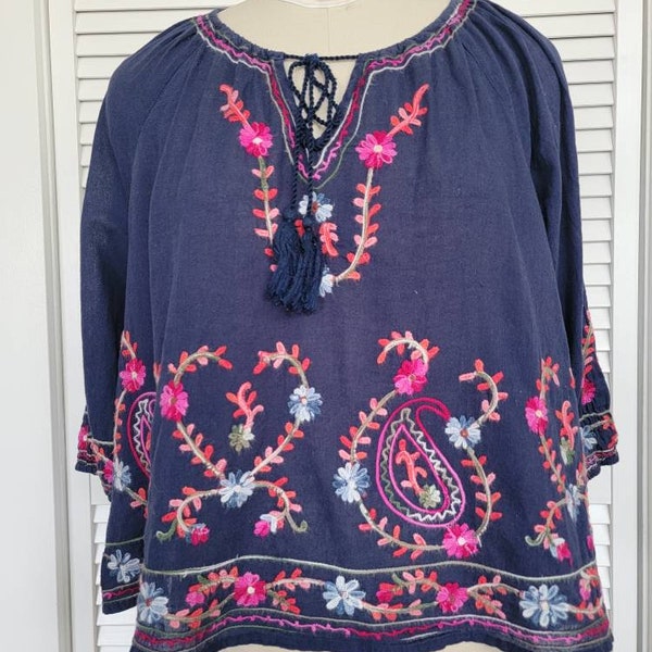 Navy Blue Peasant Blouse/ Embroidered Flowers /Boho Hippie Top/ Loose Fitting