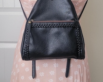 Black Pebbled Vegan Leather Sling Bag / Split Zipper Backpack/ Braided Detail