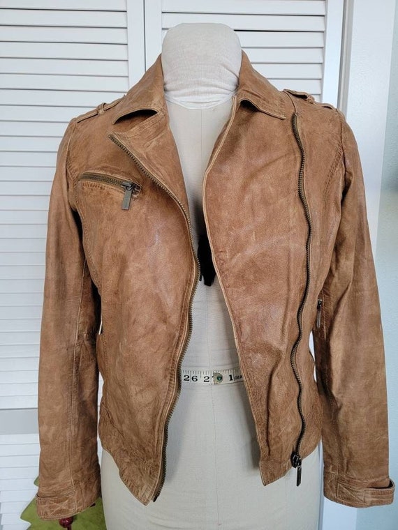 Michael Kors Leather Jacket / Moto Style/tan Leather - Etsy