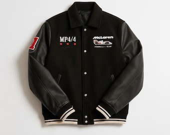 Men Black McLaren Bomber Jacket | Black F1 Racing Varsity Jacket | F1 Inspired Letterman Jacket | Wool Varsity Jacket Faux Leather Sleeves