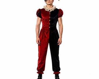 Disfraz de bufón rojo y negro / Traje de bufón de la corte / Disfraz de bufón renacentista / Disfraz de bufón para festivales / Traje de bufón