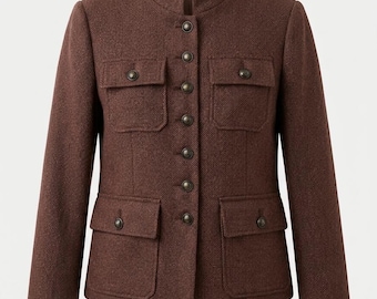 Women's Brown Wool Military Jacket Tailored Wool Coat Mandarin Collar Button Front Winter Blazer Short Coat Military Wool Jacket Brown Coat