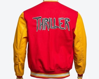 Inspired MJ Thriller M Logo Red Varsity - MJ Letterman Thriller jacket - M Logo Red Varsity - MJ Red And Yellow Jacket