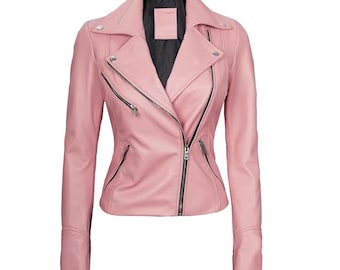 Women's Pink Genuine Leather Biker Jacket | Asymmetrical Zip Moto Jacket | Slim Fit Motorcycle Coat | Fashion Leather Outerwear
