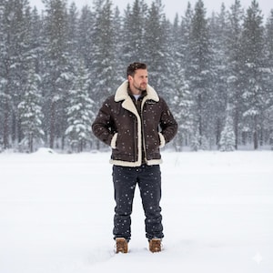 May include: A brown shearling jacket with a cream-colored shearling lining and collar. The jacket has a zipper closure and two front pockets. The person is wearing dark blue pants and brown boots. The background is a snowy forest.