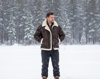 Men Aviator Dark Brown B3 Bomber Jacket - b3 bomber shearling jacket for men - flying pilot b3 shearling jacket