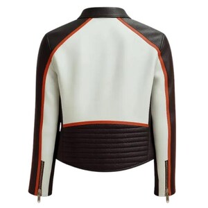 May include: A brown, white, and orange leather jacket. The back of the jacket features a white center panel, brown sleeves, and orange accents. The lower back has a quilted design, and the sleeves have zippers.