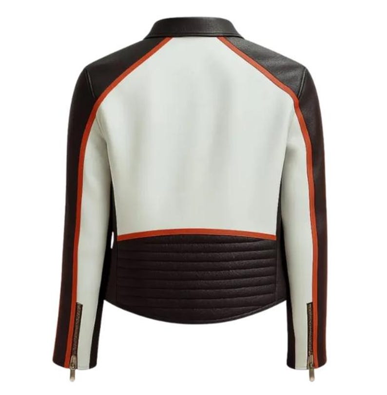 May include: A brown, white, and orange leather jacket. The back of the jacket features a white center panel, brown sleeves, and orange accents. The lower back has a quilted design, and the sleeves have zippers.