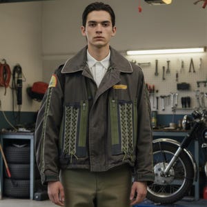 May include: A dark gray jacket with a white collar, featuring olive green and navy blue accents. The jacket has decorative stitching, multiple pockets, and a patch on the upper sleeve. The person is wearing a white collared shirt and olive green pants.