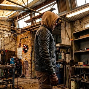 May include: A black quilted jacket with a tan hood worn over a tan shirt, paired with brown pants and brown leather gloves. The jacket features a textured diamond-stitched pattern on the shoulders and sleeves, with a full-length front zipper closure.
