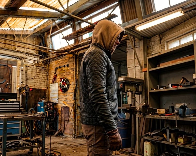 May include: A black quilted jacket with a tan hood worn over a tan shirt, paired with brown pants and brown leather gloves. The jacket features a textured diamond-stitched pattern on the shoulders and sleeves, with a full-length front zipper closure.