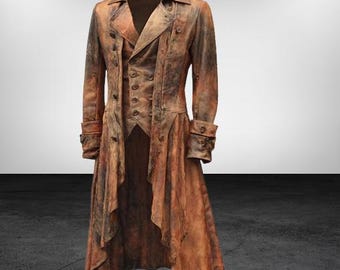 Handmade Steampunk Tailcoat Distressed Brown Leather Trench Long Coat : Brown Distressed Gothic Pirate Trench Long Coat