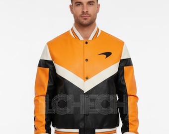 Chaqueta bomber de cuero McLaren Racing de nuevo estilo - Chaqueta de carreras inspirada en McLaren - Chaqueta bomber de piel sintética McLaren - Chaqueta para aficionados a la Fórmula 1